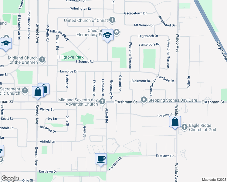 map of restaurants, bars, coffee shops, grocery stores, and more near 3202 Greenway Drive in Midland
