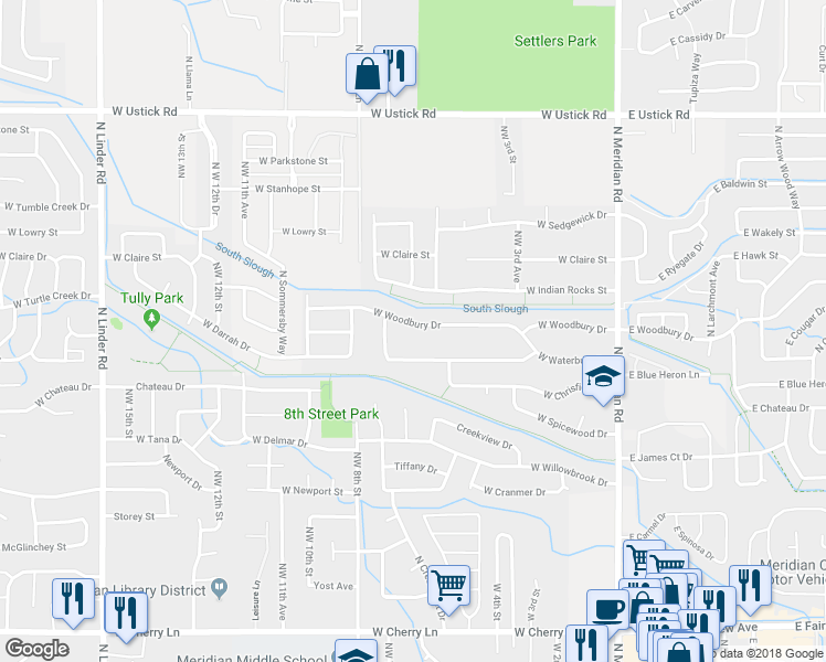 map of restaurants, bars, coffee shops, grocery stores, and more near 633 West Woodbury Drive in Meridian