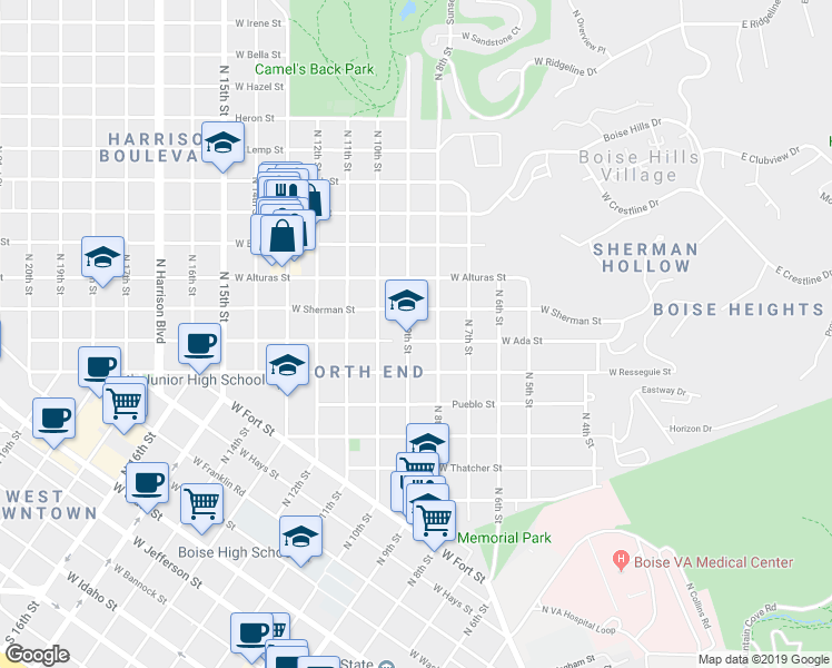 map of restaurants, bars, coffee shops, grocery stores, and more near 911 West Ada Street in Boise