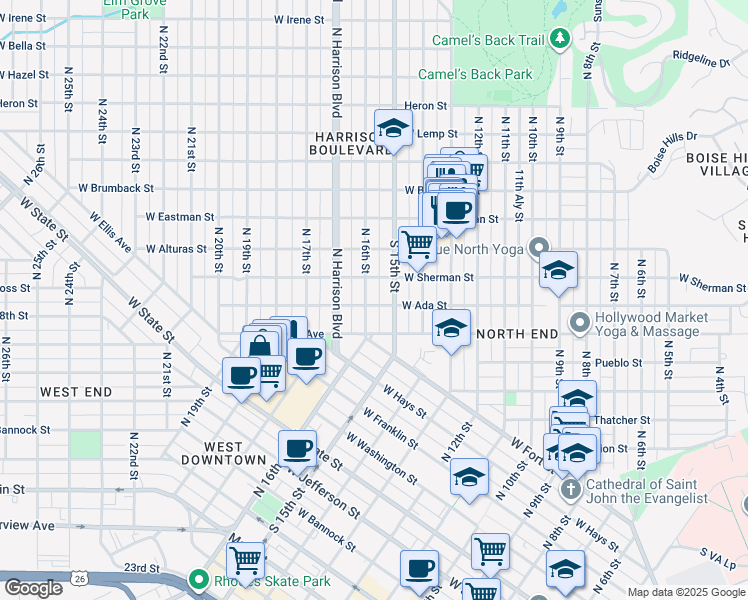 map of restaurants, bars, coffee shops, grocery stores, and more near 1515 West Ada Street in Boise