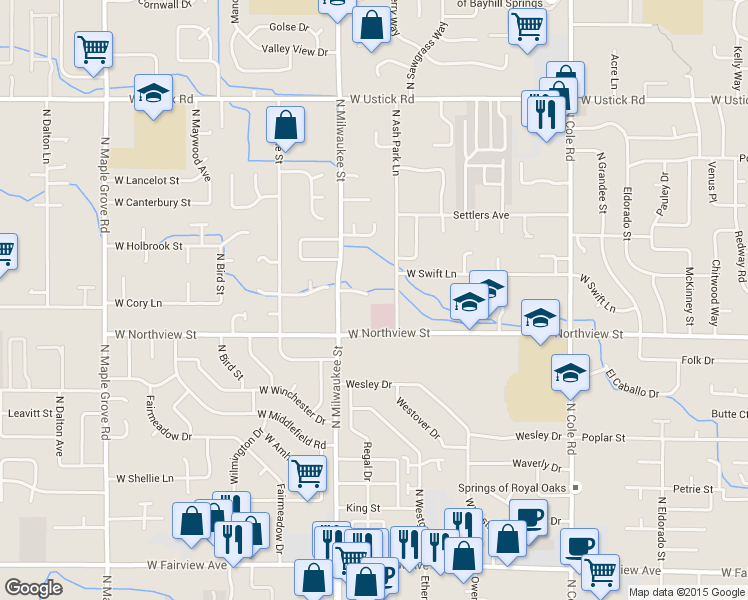 map of restaurants, bars, coffee shops, grocery stores, and more near 8113 West Cory Court in Boise