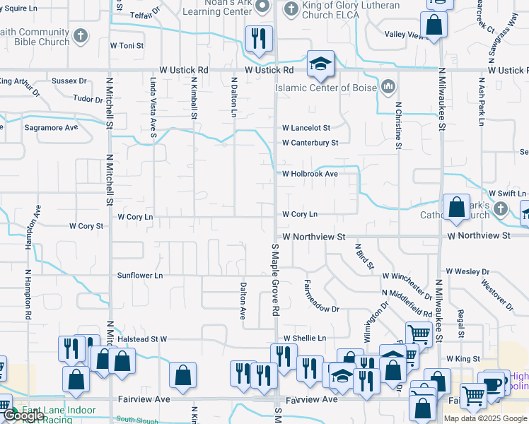 map of restaurants, bars, coffee shops, grocery stores, and more near 2504 North Workland Lane in Boise