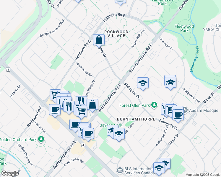 map of restaurants, bars, coffee shops, grocery stores, and more near in Mississauga