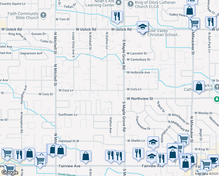 map of restaurants, bars, coffee shops, grocery stores, and more near 9170 West Cory Lane in Boise