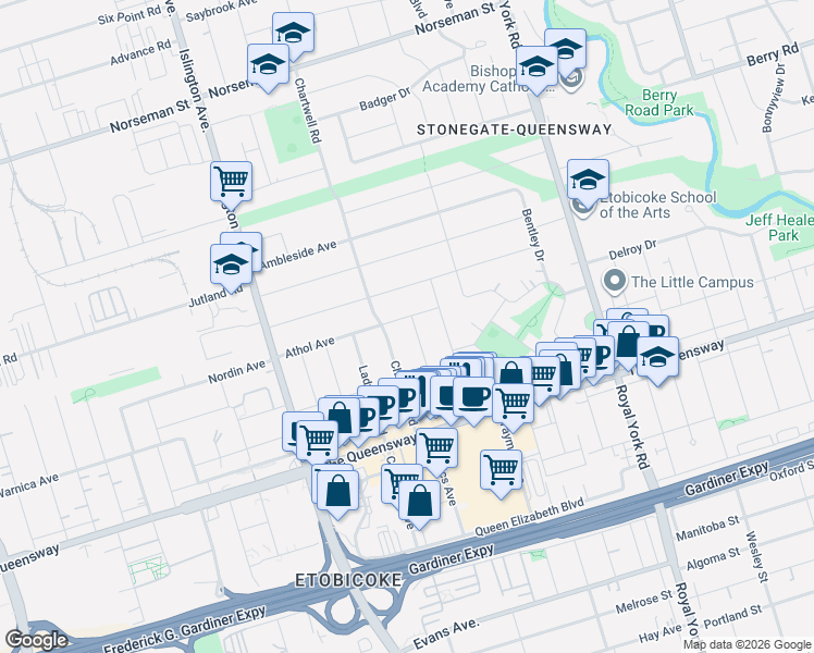 map of restaurants, bars, coffee shops, grocery stores, and more near 36 Ashmore Avenue in Toronto