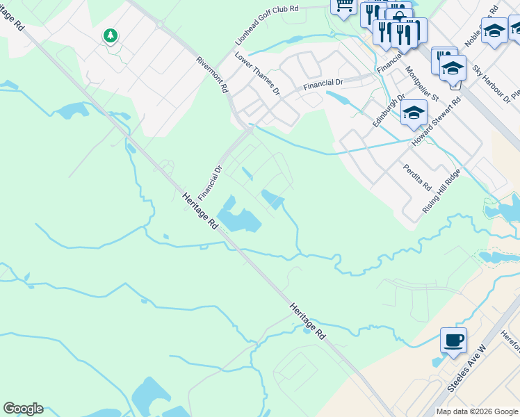 map of restaurants, bars, coffee shops, grocery stores, and more near 42 Dalbeattie Drive in Brampton