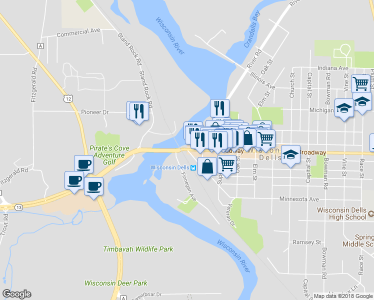 map of restaurants, bars, coffee shops, grocery stores, and more near 0 La Crosse Street in Wisconsin Dells