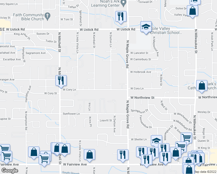 map of restaurants, bars, coffee shops, grocery stores, and more near 9170 West Cory Lane in Boise