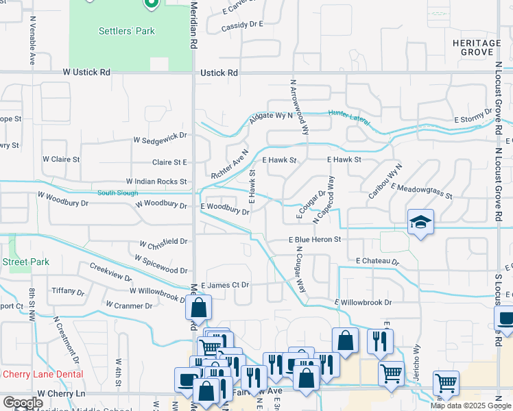 map of restaurants, bars, coffee shops, grocery stores, and more near 2491 North Eureka Avenue in Meridian