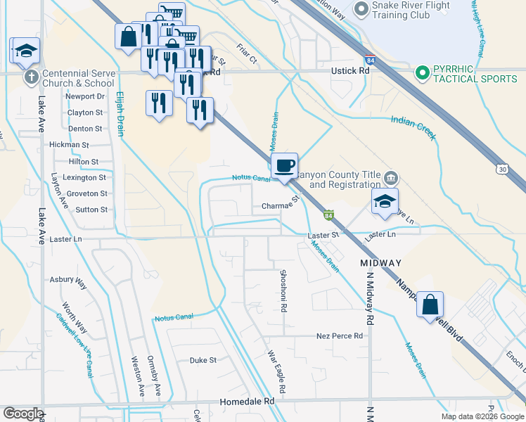 map of restaurants, bars, coffee shops, grocery stores, and more near 4806 Charmae Street in Caldwell