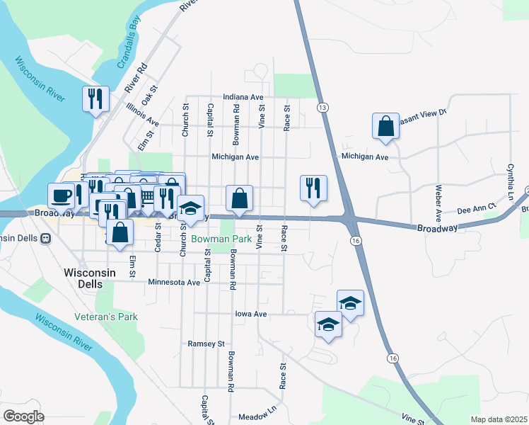 map of restaurants, bars, coffee shops, grocery stores, and more near 901 Broadway in Wisconsin Dells