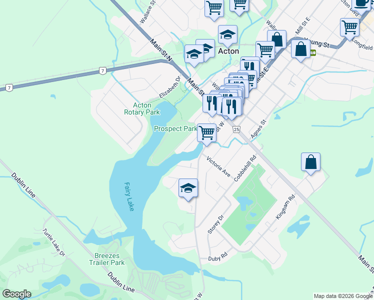 map of restaurants, bars, coffee shops, grocery stores, and more near 88 Lake Avenue in Acton