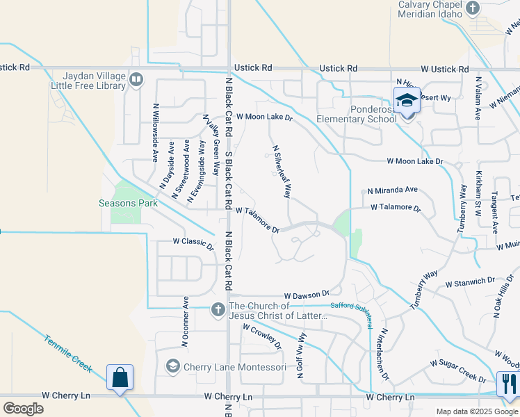 map of restaurants, bars, coffee shops, grocery stores, and more near 2511 North Silverleaf Way in Meridian