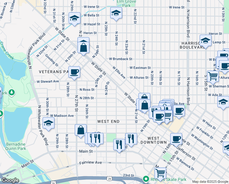 map of restaurants, bars, coffee shops, grocery stores, and more near 2300 West Woodlawn Avenue in Boise