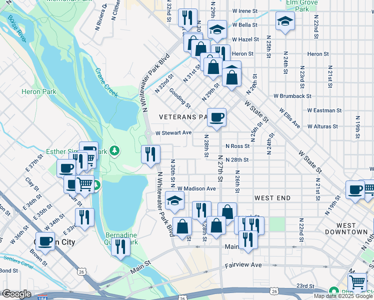 map of restaurants, bars, coffee shops, grocery stores, and more near 2912 West Woodlawn Avenue in Boise