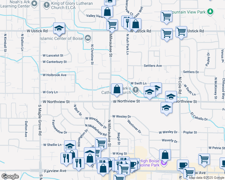 map of restaurants, bars, coffee shops, grocery stores, and more near 2455 North Milwaukee Street in Boise