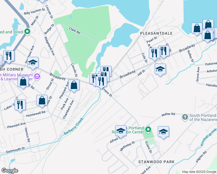 map of restaurants, bars, coffee shops, grocery stores, and more near 19 Lemont Avenue in South Portland