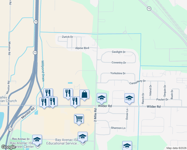 map of restaurants, bars, coffee shops, grocery stores, and more near 3884 2 Mile Road in Bay City