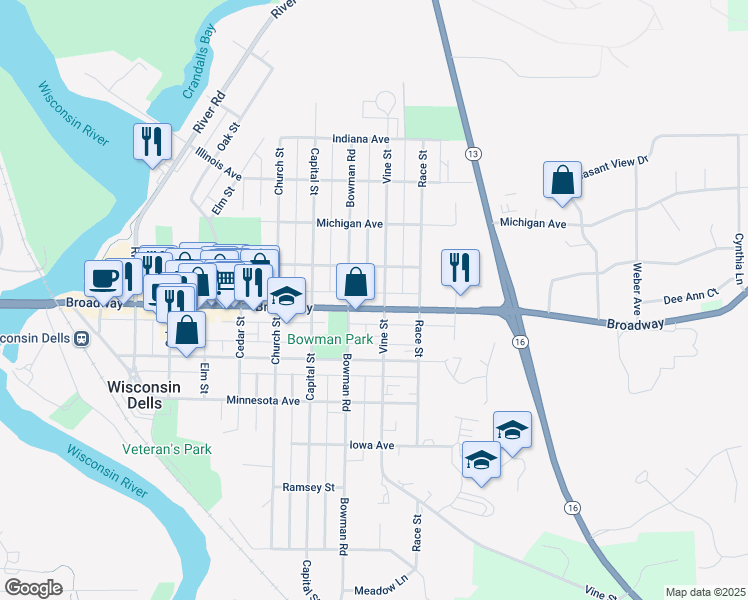 map of restaurants, bars, coffee shops, grocery stores, and more near 901 Broadway in Wisconsin Dells