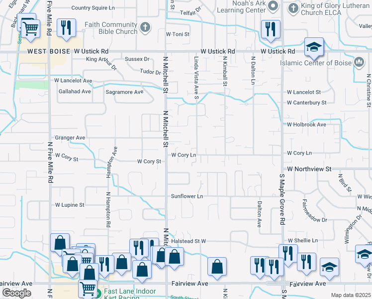 map of restaurants, bars, coffee shops, grocery stores, and more near 9659 West Cory Lane in Boise