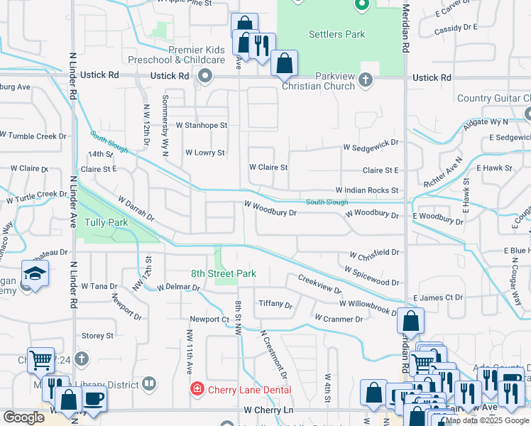 map of restaurants, bars, coffee shops, grocery stores, and more near 685 West Woodbury Drive in Meridian