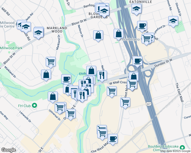 map of restaurants, bars, coffee shops, grocery stores, and more near 2275 Dundas Street East in Mississauga