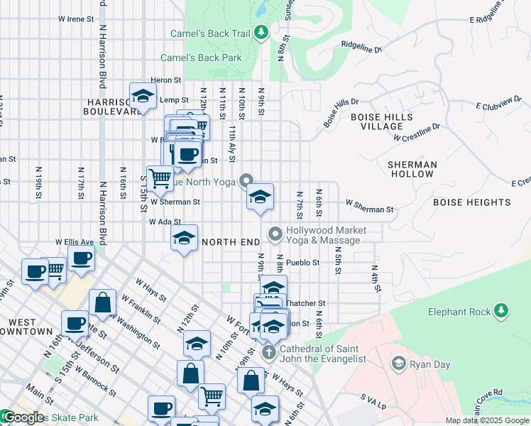 map of restaurants, bars, coffee shops, grocery stores, and more near 911 West Ada Street in Boise