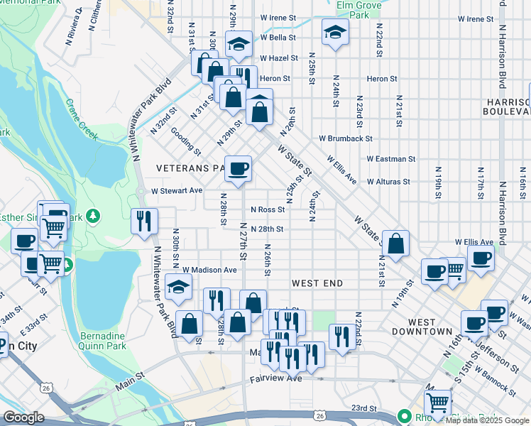 map of restaurants, bars, coffee shops, grocery stores, and more near 2608 West Woodlawn Avenue in Boise