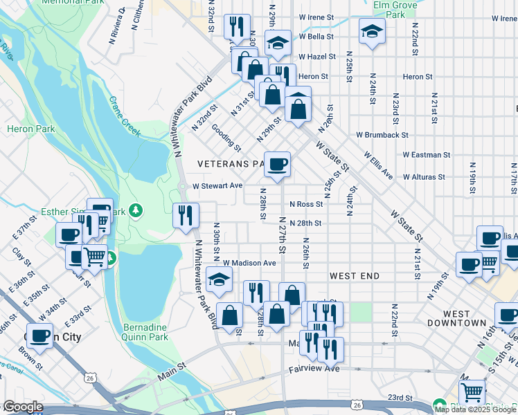 map of restaurants, bars, coffee shops, grocery stores, and more near 2810 West Woodlawn Avenue in Boise