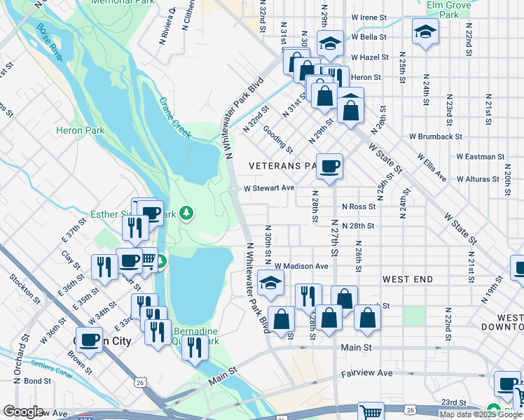 map of restaurants, bars, coffee shops, grocery stores, and more near 3016 West Woodlawn Avenue in Boise
