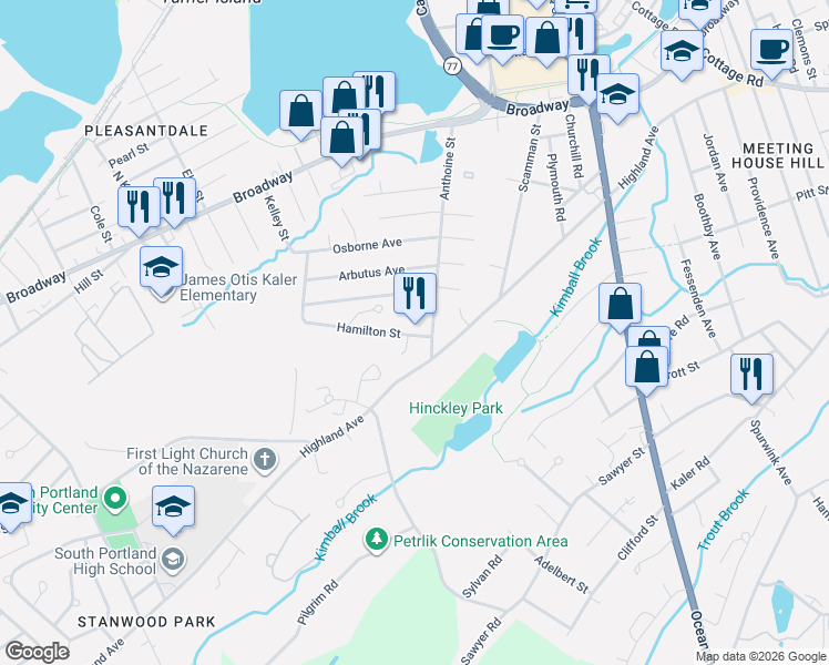 map of restaurants, bars, coffee shops, grocery stores, and more near 189 Anthoine Street in South Portland