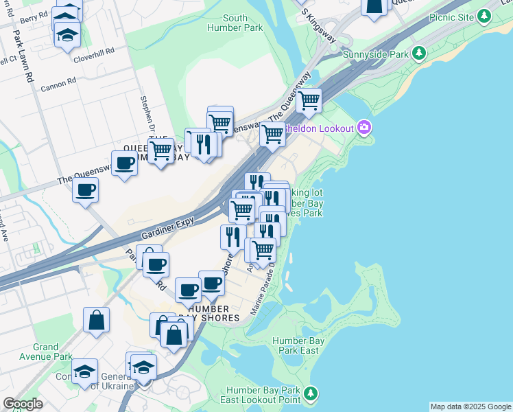 map of restaurants, bars, coffee shops, grocery stores, and more near 2119 Lake Shore Boulevard West in Toronto