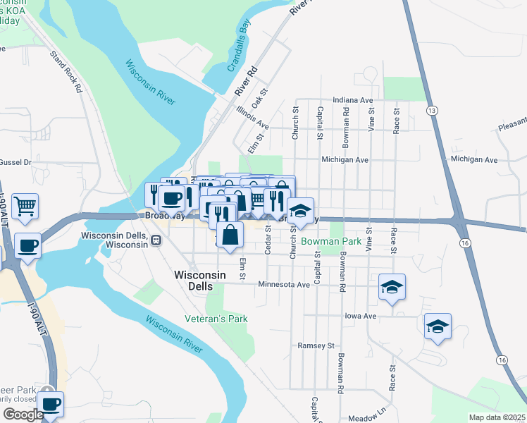 map of restaurants, bars, coffee shops, grocery stores, and more near in Wisconsin Dells