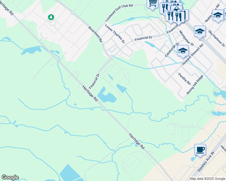map of restaurants, bars, coffee shops, grocery stores, and more near 104 Brushwood Drive in Brampton