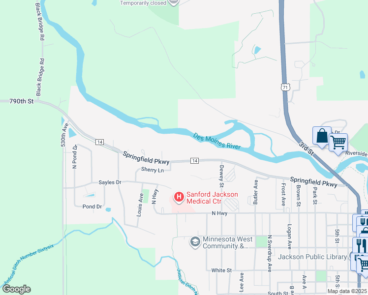 map of restaurants, bars, coffee shops, grocery stores, and more near 1358 Springfield Parkway in Jackson