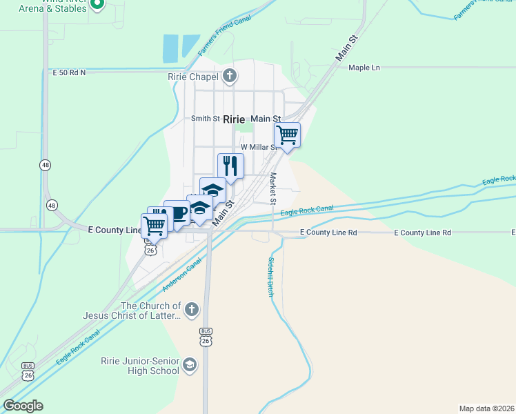 map of restaurants, bars, coffee shops, grocery stores, and more near 220 West Osbourn Street in Ririe