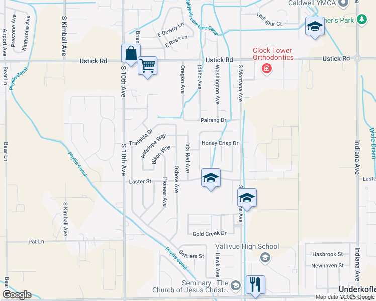 map of restaurants, bars, coffee shops, grocery stores, and more near Ida Red in Caldwell