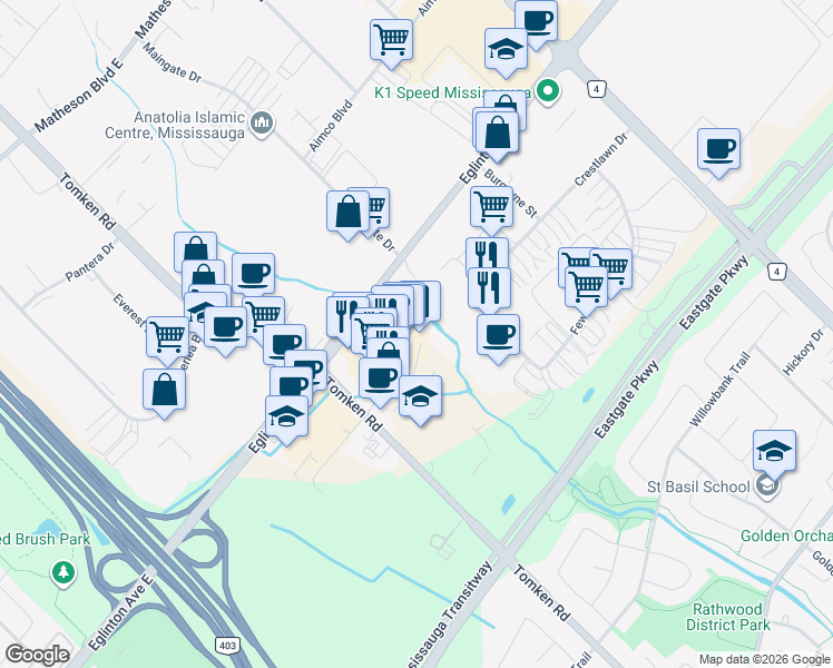 map of restaurants, bars, coffee shops, grocery stores, and more near 1065 Canadian Place in Mississauga