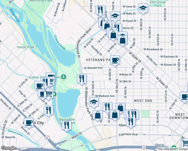 map of restaurants, bars, coffee shops, grocery stores, and more near 760 North 30th Street North in Boise