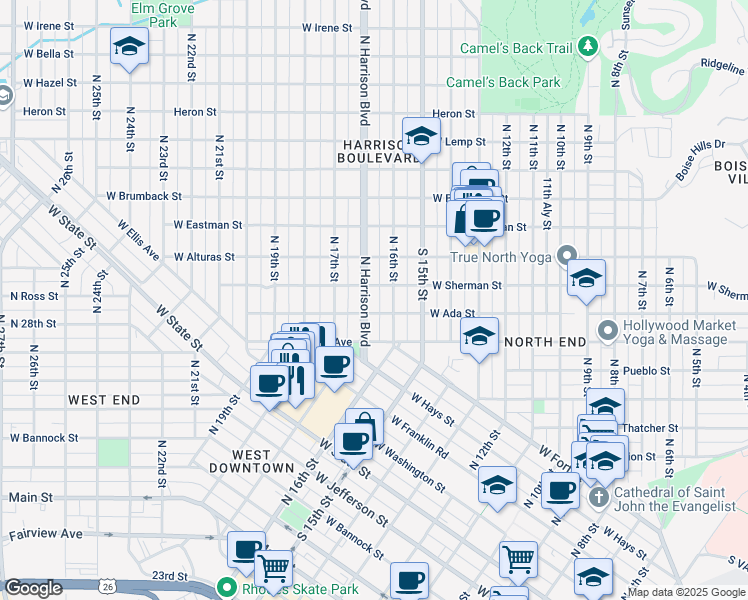 map of restaurants, bars, coffee shops, grocery stores, and more near 912 North Harrison Boulevard in Boise