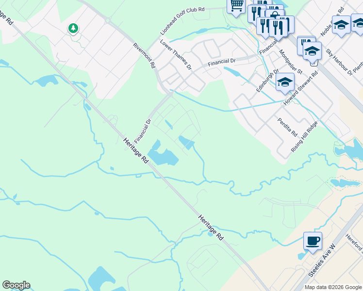 map of restaurants, bars, coffee shops, grocery stores, and more near 42 Dalbeattie Drive in Brampton