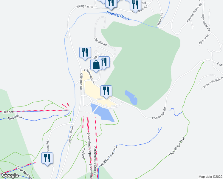 map of restaurants, bars, coffee shops, grocery stores, and more near 227 East Mountain Road in Killington