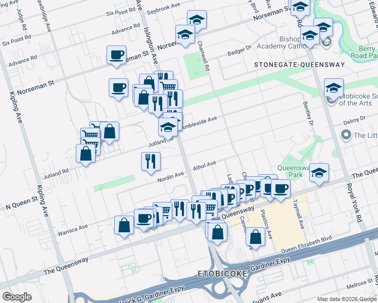 map of restaurants, bars, coffee shops, grocery stores, and more near 130 Edgecroft Road in Toronto