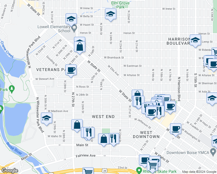 map of restaurants, bars, coffee shops, grocery stores, and more near 2300 West Woodlawn Avenue in Boise