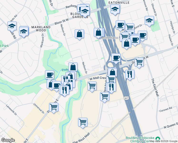 map of restaurants, bars, coffee shops, grocery stores, and more near in Toronto