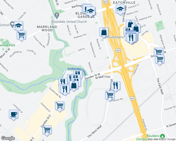 map of restaurants, bars, coffee shops, grocery stores, and more near 2275 Dundas Street East in Mississauga