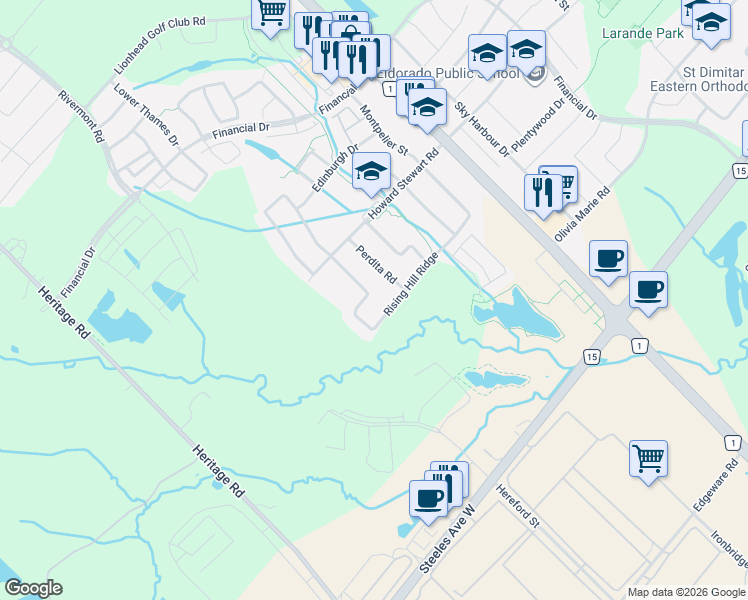 map of restaurants, bars, coffee shops, grocery stores, and more near in Brampton