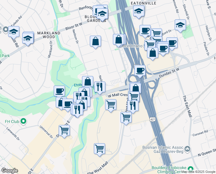 map of restaurants, bars, coffee shops, grocery stores, and more near 11 Neilson Drive in Toronto