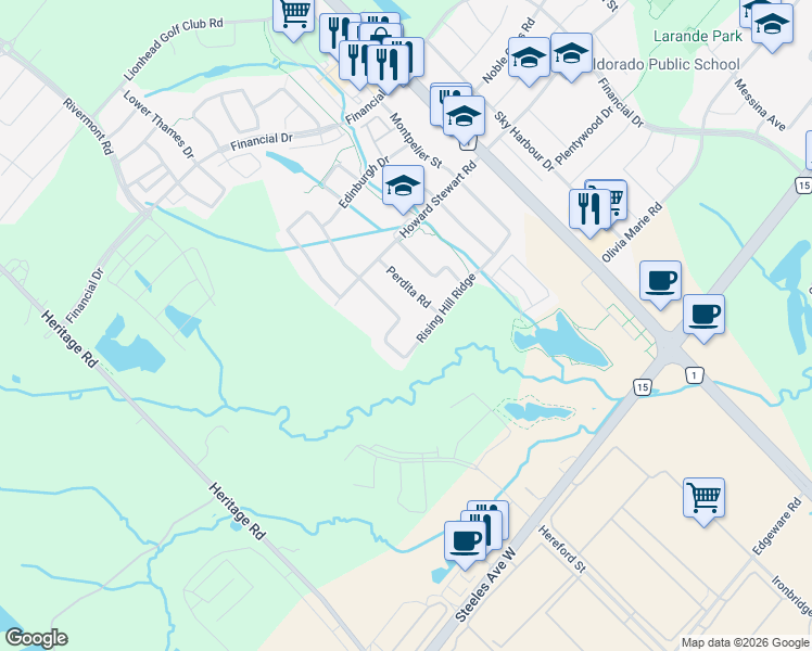 map of restaurants, bars, coffee shops, grocery stores, and more near 120 Rising Hill Ridge in Brampton