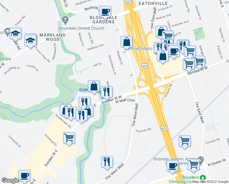 map of restaurants, bars, coffee shops, grocery stores, and more near 916 Dundas Street West in Toronto